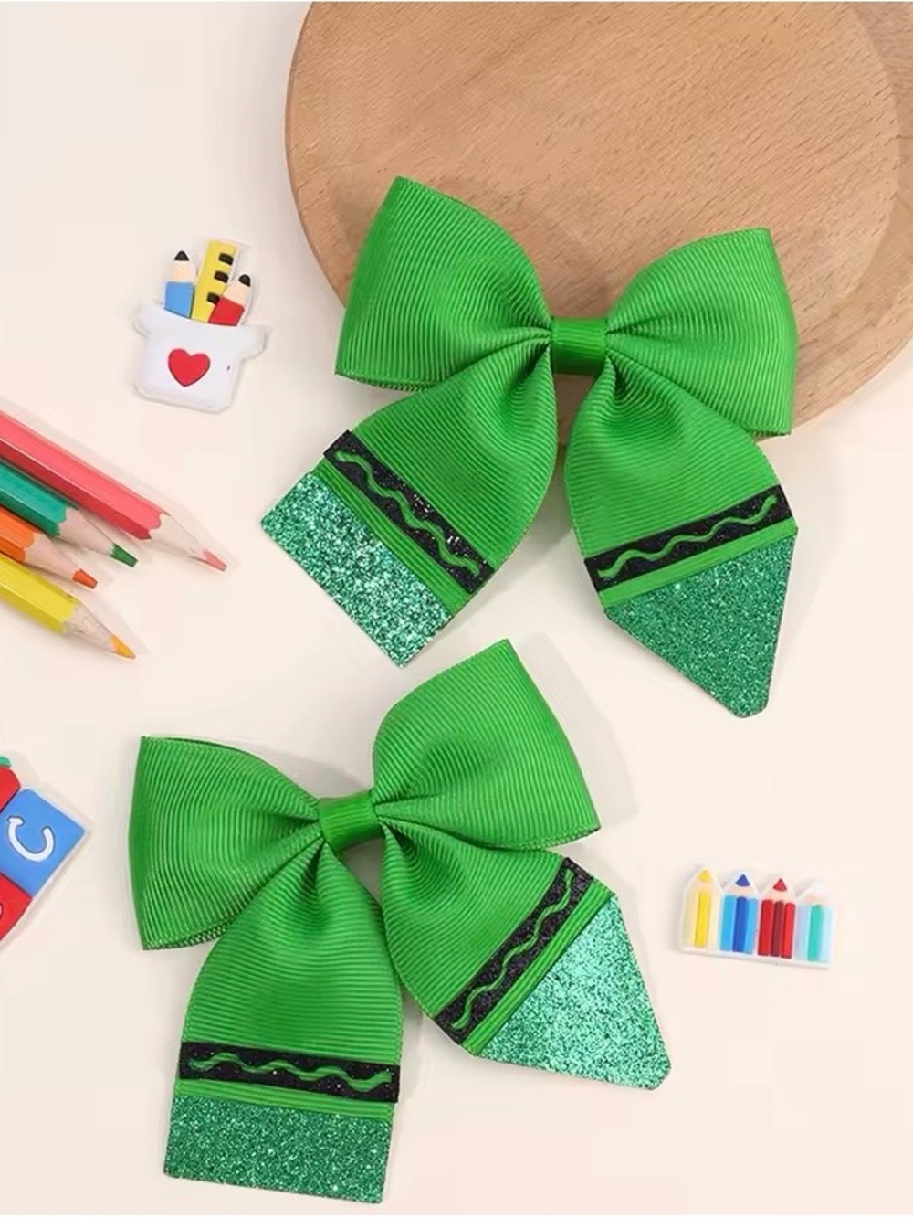 Bright Green Glitter Hair Bows - School Style crayola